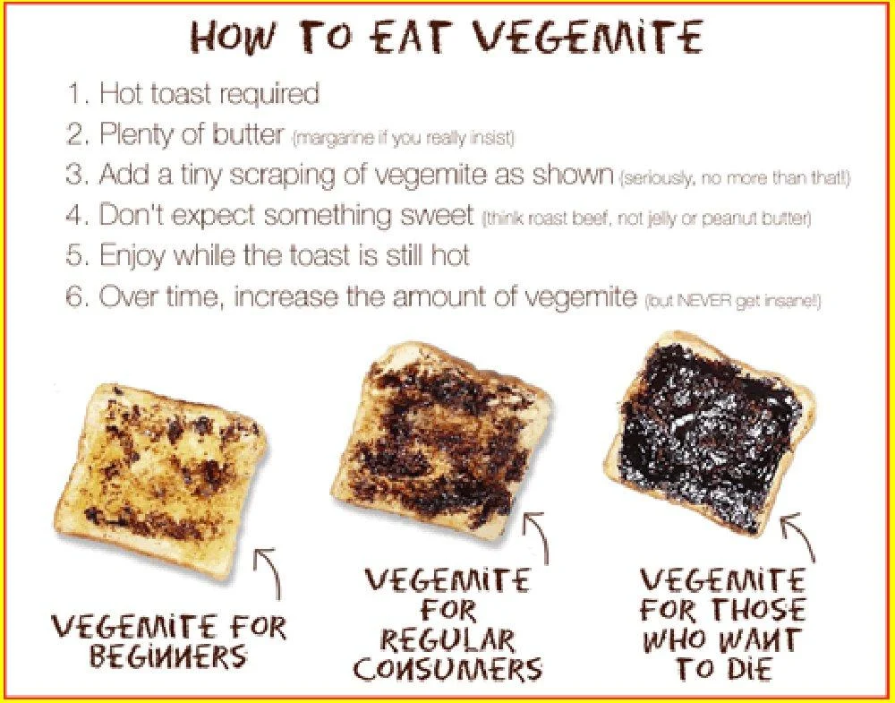 An infographic titled 'How to Eat Vegemite' showing six rules and three slices of toast: Vegemite for beginners, for regular consumers, and for those who want to die.