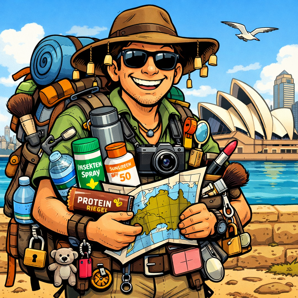 An Australian tourist standing in front of the Sydney Opera House, completely overloaded with a huge backpack, a sleeping mat, a hat, a water bottle, insect spray, sunscreen, a protein bar, a camera, a map, a magnifying glass, lipstick, hairbrushes, a padlock, and a teddy bear.