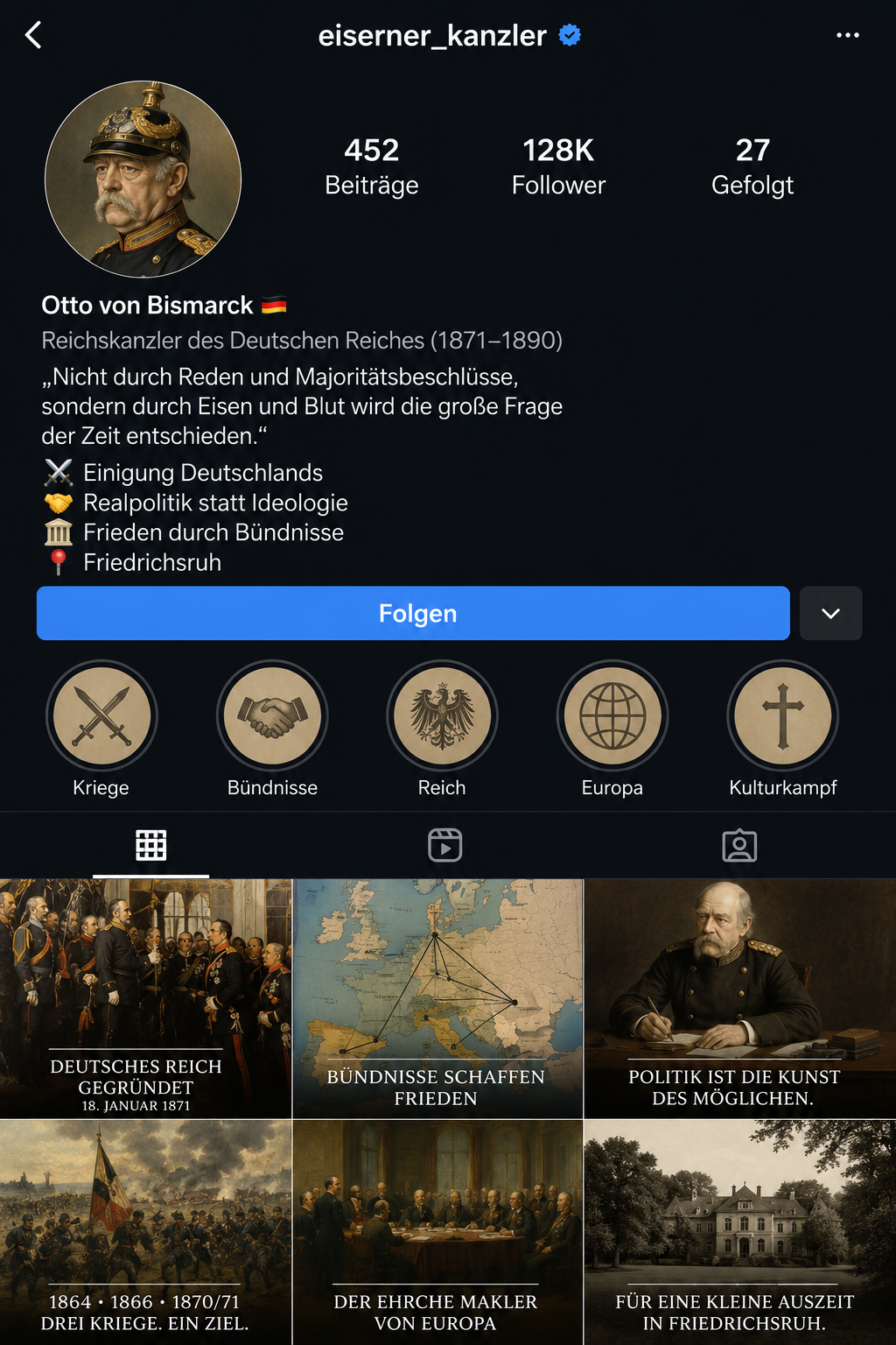 Fiktives Instagram-Profil von Otto von Bismarck mit Nutzername eiserner_kanzler, Bio, Zitat und sechs Beitrags-Kacheln