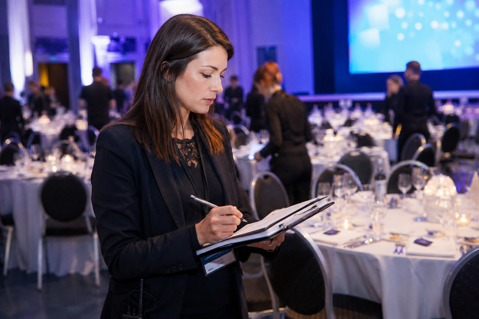 An event manager checking a clipboard at a formal dinner event