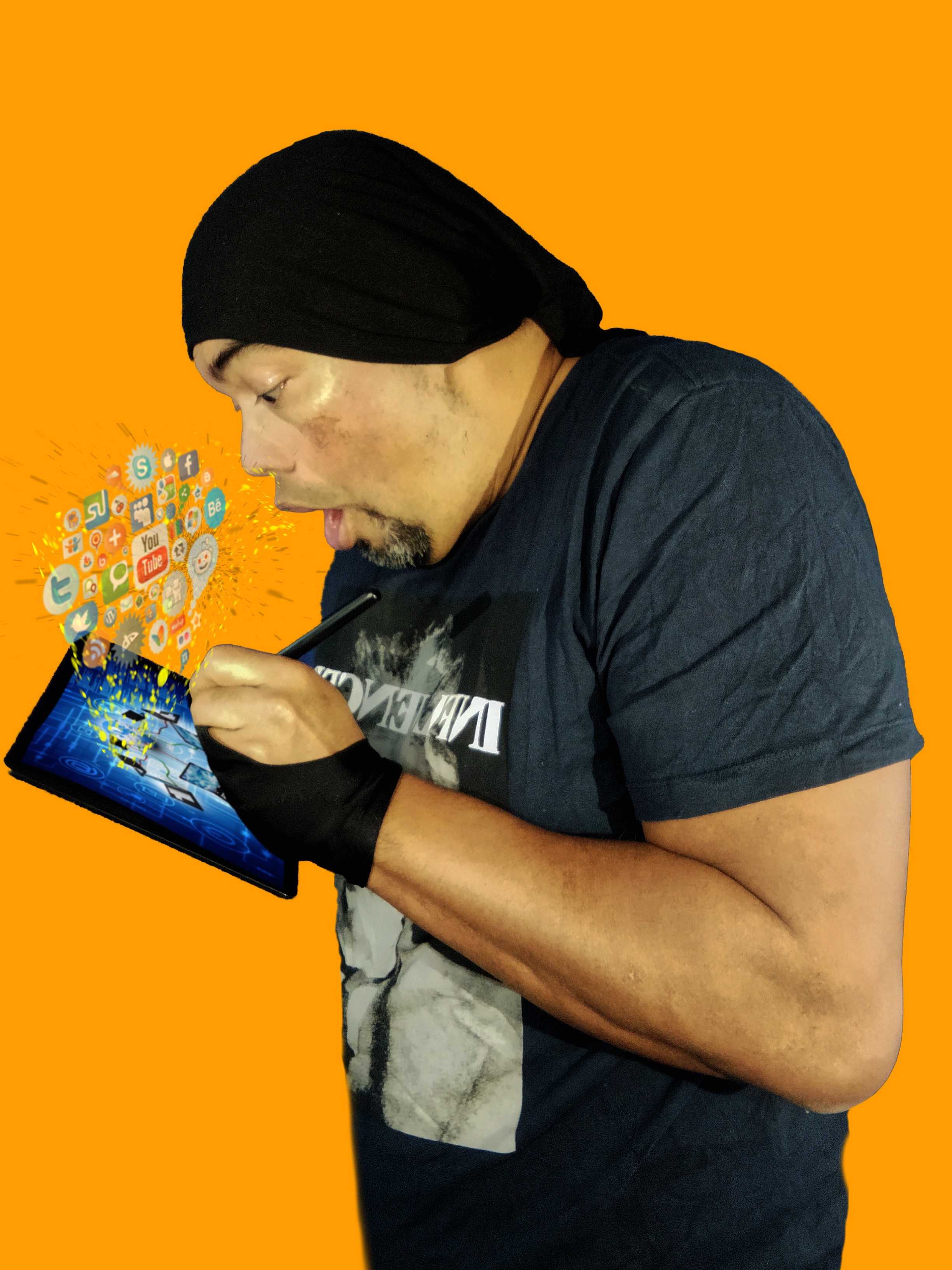 Illustration of someone using a tablet surrounded by social media app icons