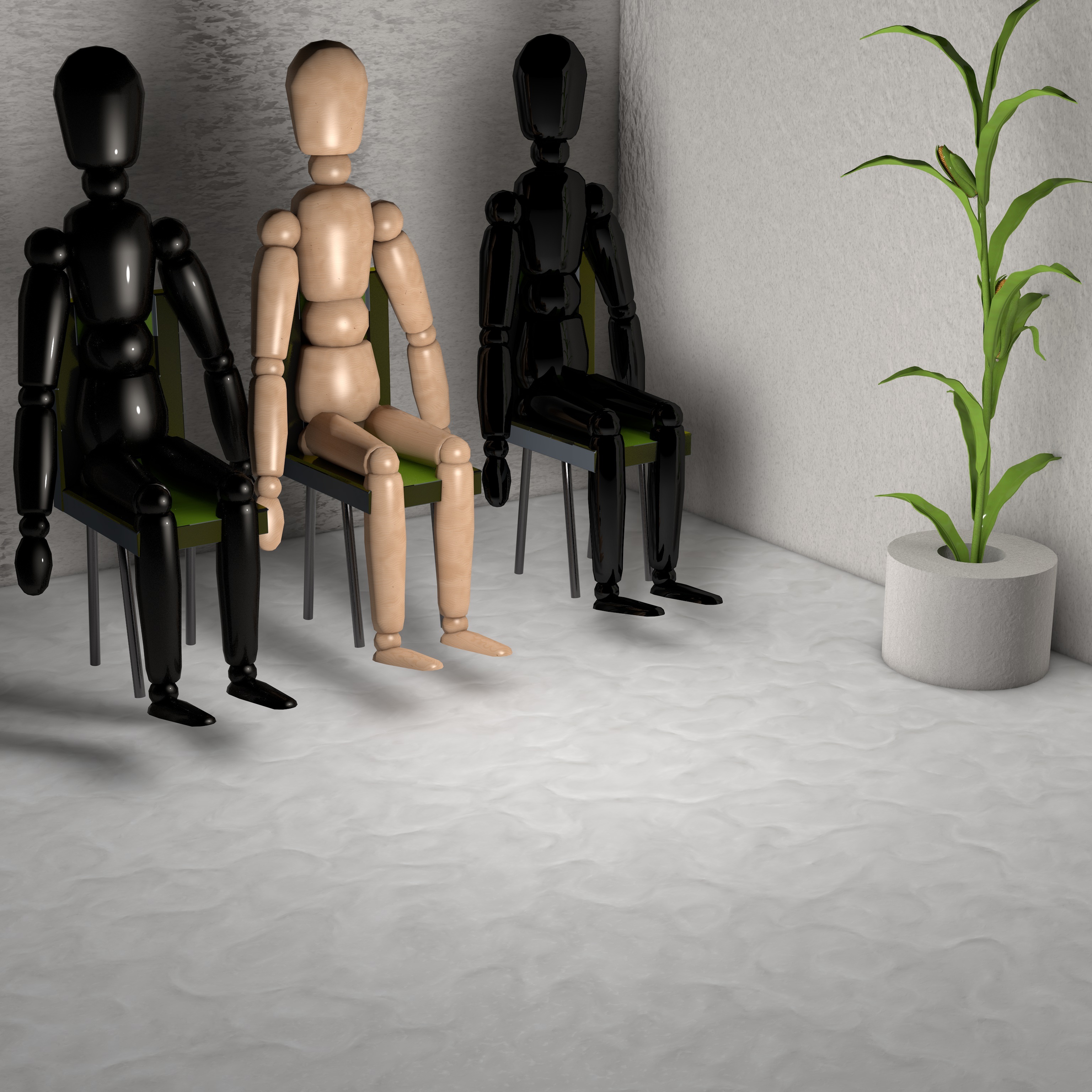 Three figures sitting in a row of chairs against a wall, waiting