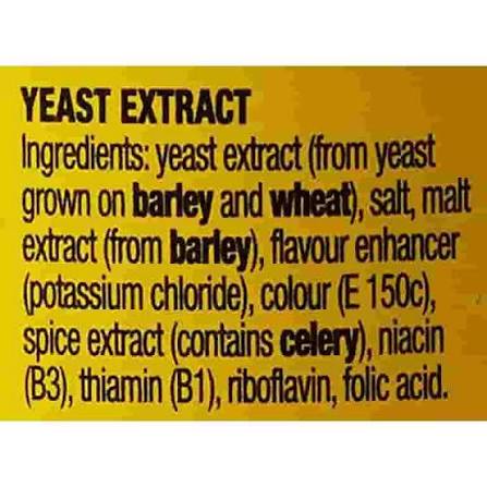 The ingredients list on a jar of Vegemite: yeast extract from yeast grown on barley and wheat, salt, malt extract from barley, flavour enhancer potassium chloride, colour E150c, spice extract containing celery, niacin, thiamin, riboflavin, folic acid.