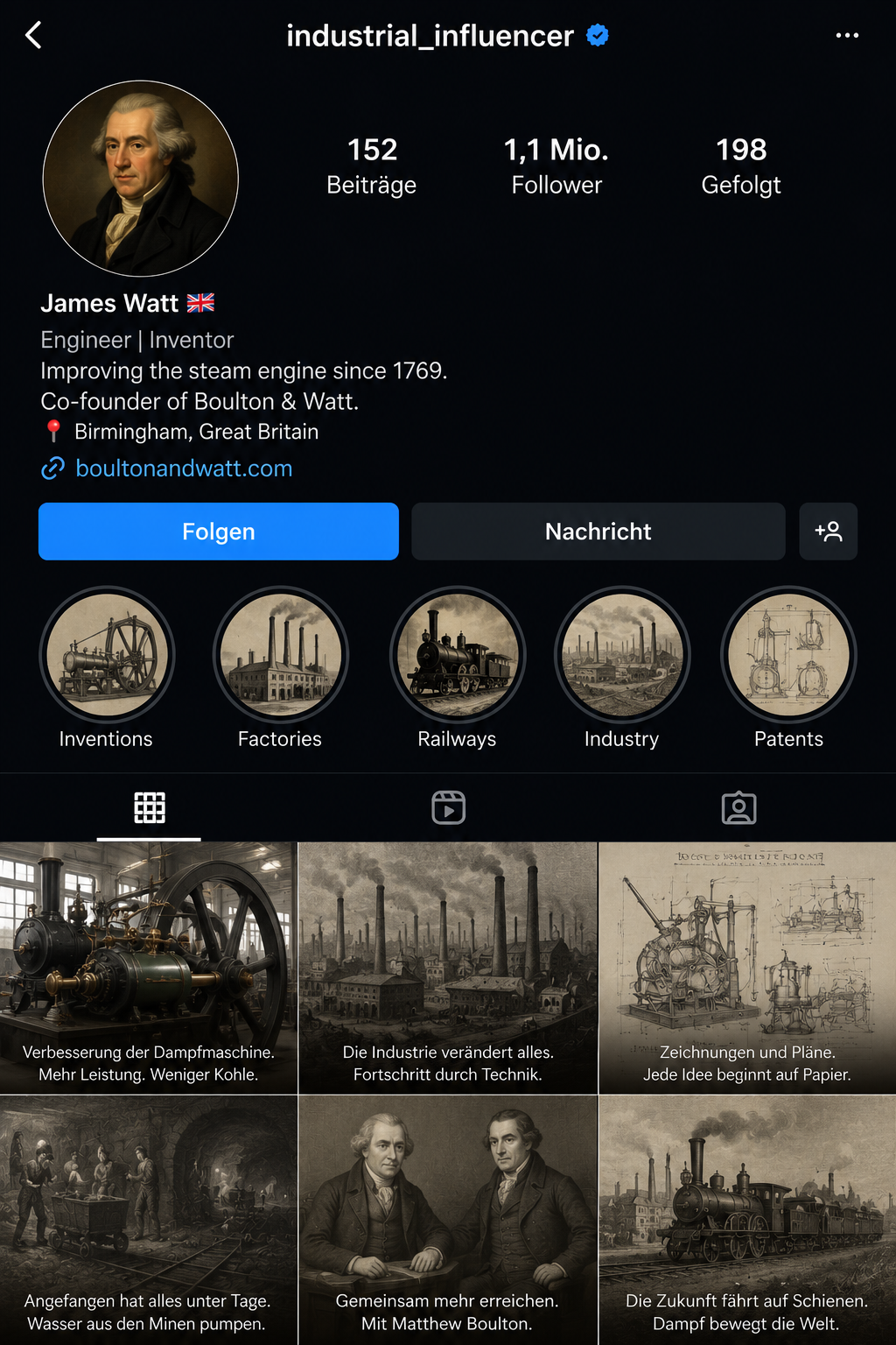 Fiktives Instagram-Profil von James Watt mit Nutzername industrial_influencer, Bio, Zitat und sechs Beitrags-Kacheln