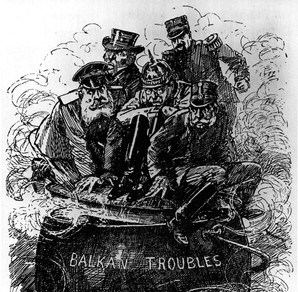 Historische Karikatur aus der britischen Zeitschrift Punch: Die europäischen Großmächte sitzen dicht gedrängt auf einem Fass mit der Aufschrift 'BALKAN TROUBLES'