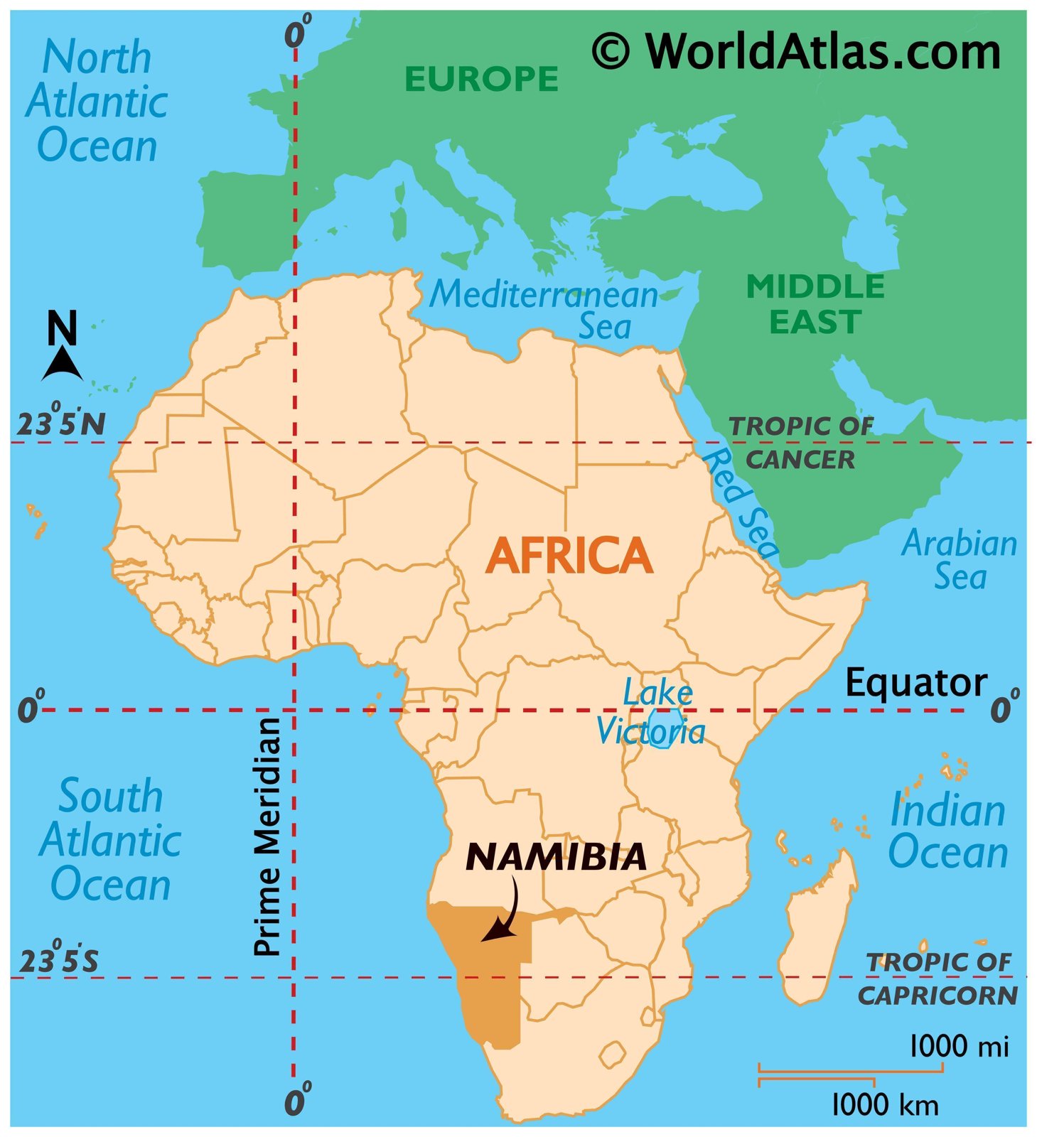 Karte von Afrika mit hervorgehobener Lage Namibias im südlichen Afrika
