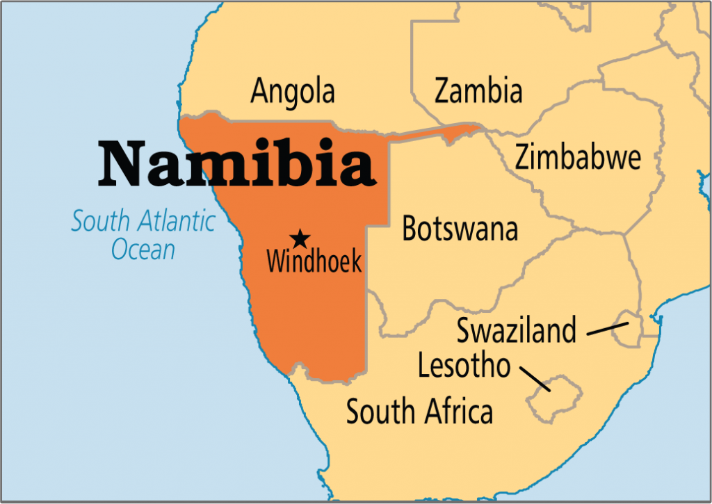 Karte von Namibia mit Nachbarländern Angola, Sambia, Simbabwe, Botswana, Südafrika und der Hauptstadt Windhoek
