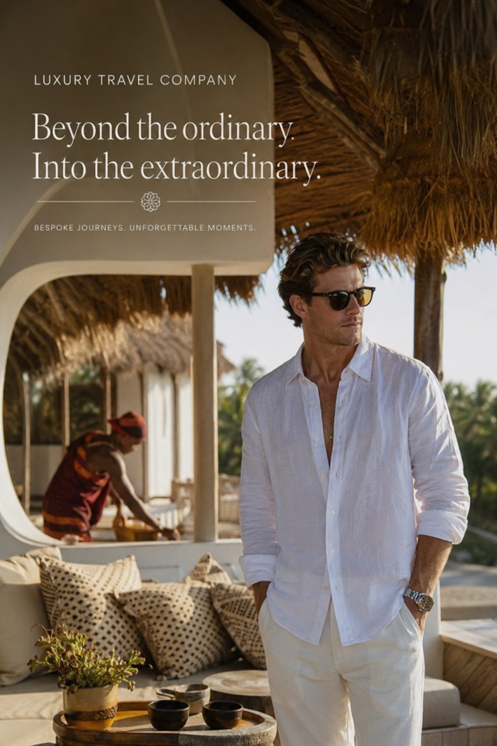 Gestellte Werbeanzeige: ein weißer Mann in Leinenkleidung posiert im Vordergrund in einem Luxusresort, im unscharfen Hintergrund arbeitet eine einheimische Person. Text: Luxury Travel Company – Beyond the ordinary. Into the extraordinary.