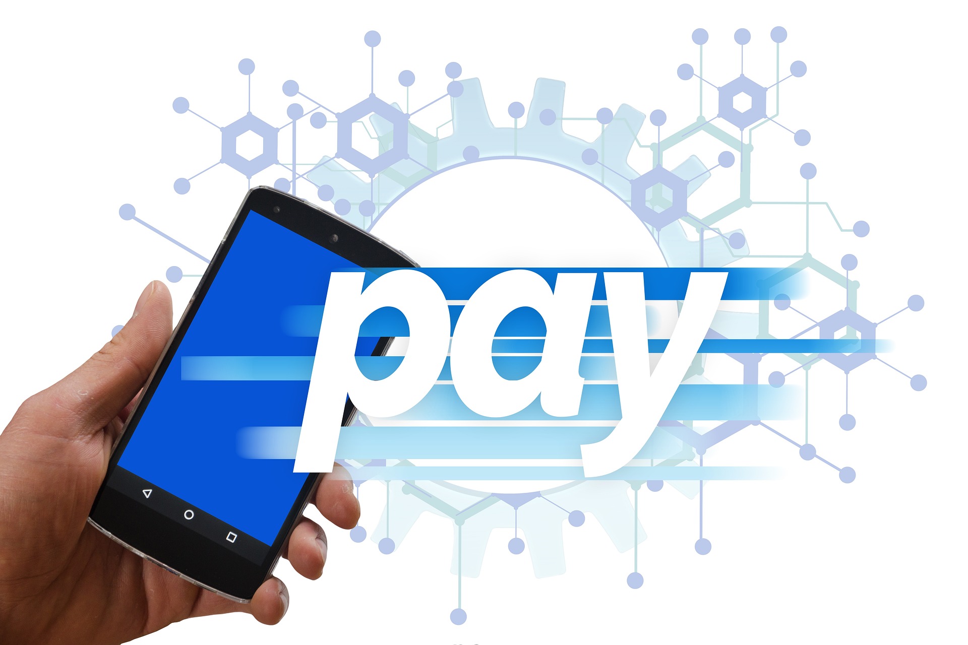 A hand holding a smartphone with a mobile payment graphic