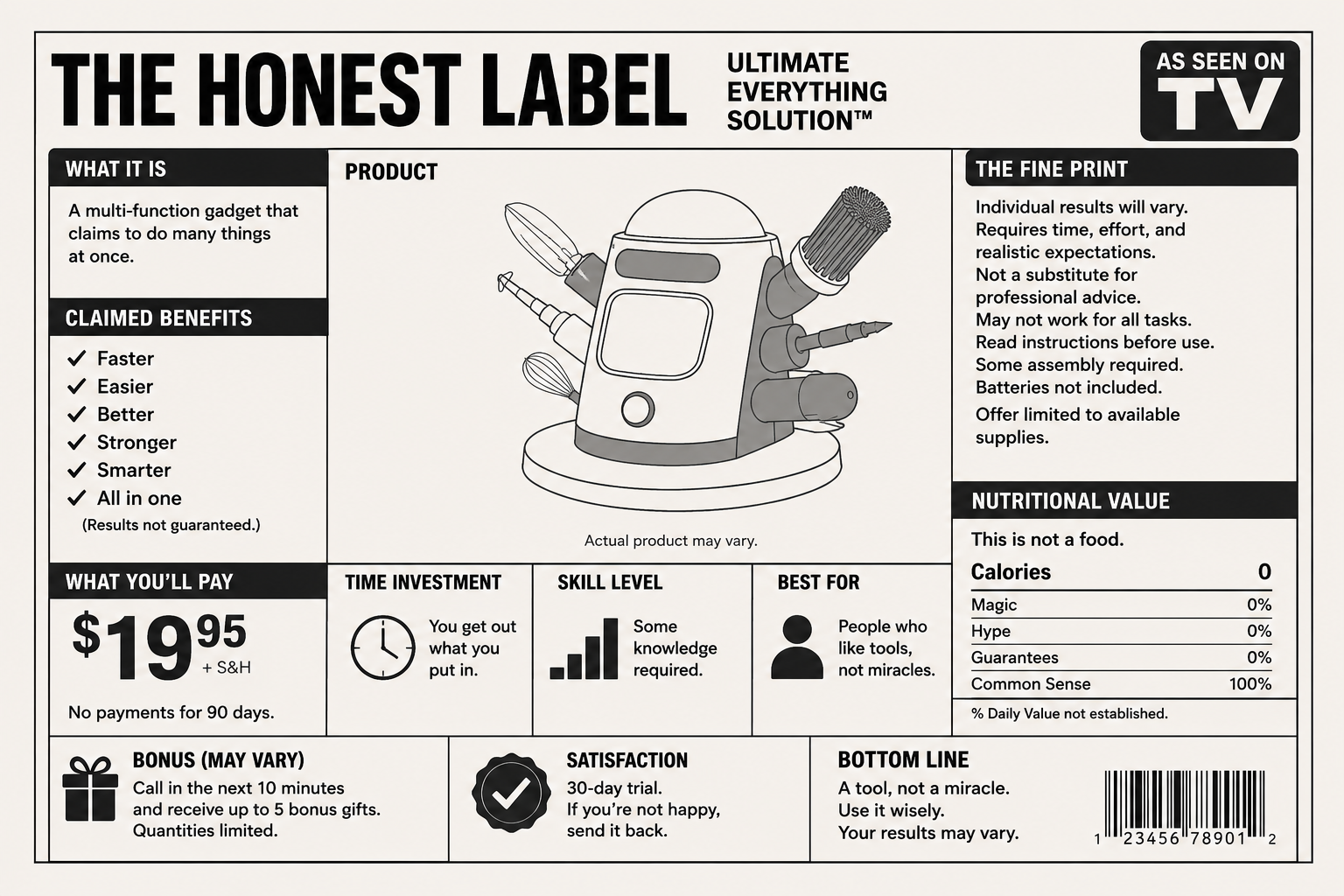 An 'honest label' for the OMG! product, styled like a nutrition facts panel, listing what the product really is, the claimed benefits marked 'results not guaranteed', the fine print, and a 'nutritional value' box rating it 0% magic, 0% hype, 0% guarantees, 100% common sense