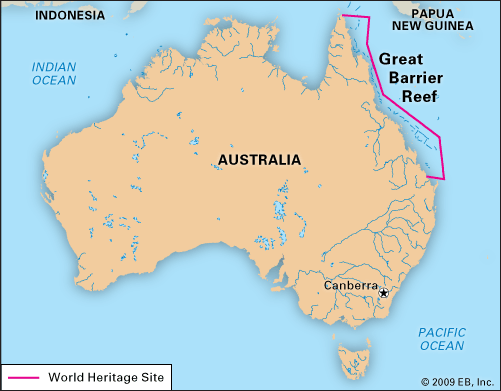 Map showing the Great Barrier Reef stretching along Australia's north-east coast