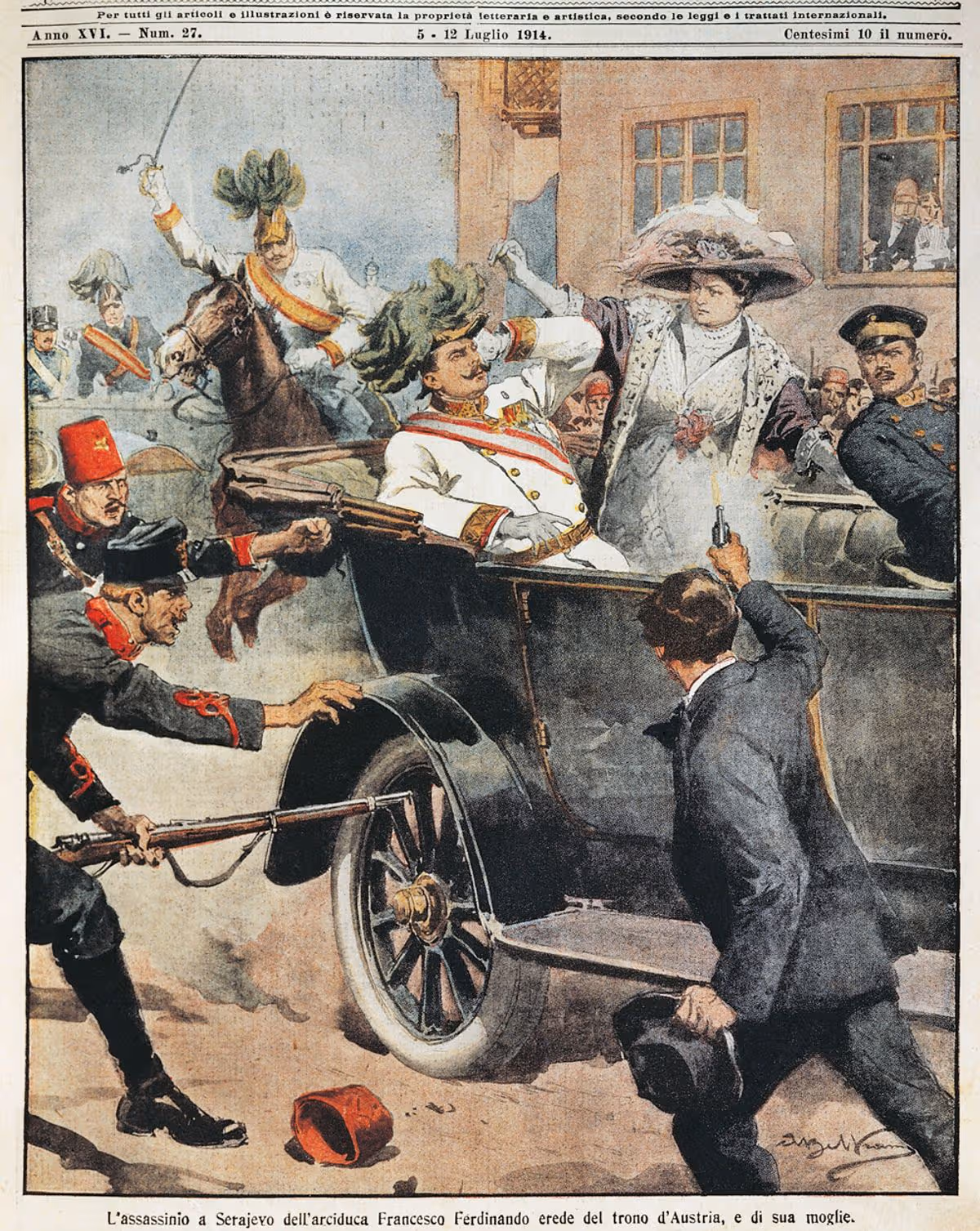 Historische Illustration des Attentats von Sarajevo 1914: Franz Ferdinand und seine Frau im offenen Wagen, ein Attentäter zielt mit einer Pistole