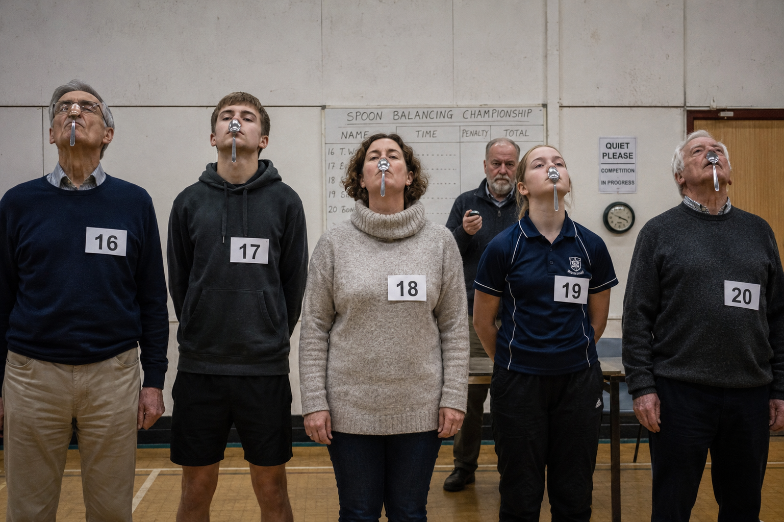Five competitors of different ages lined up in a school hall, each balancing a spoon on their nose or chin, in front of a hand-written 'Spoon Balancing Championship' scoreboard, all with completely serious expressions