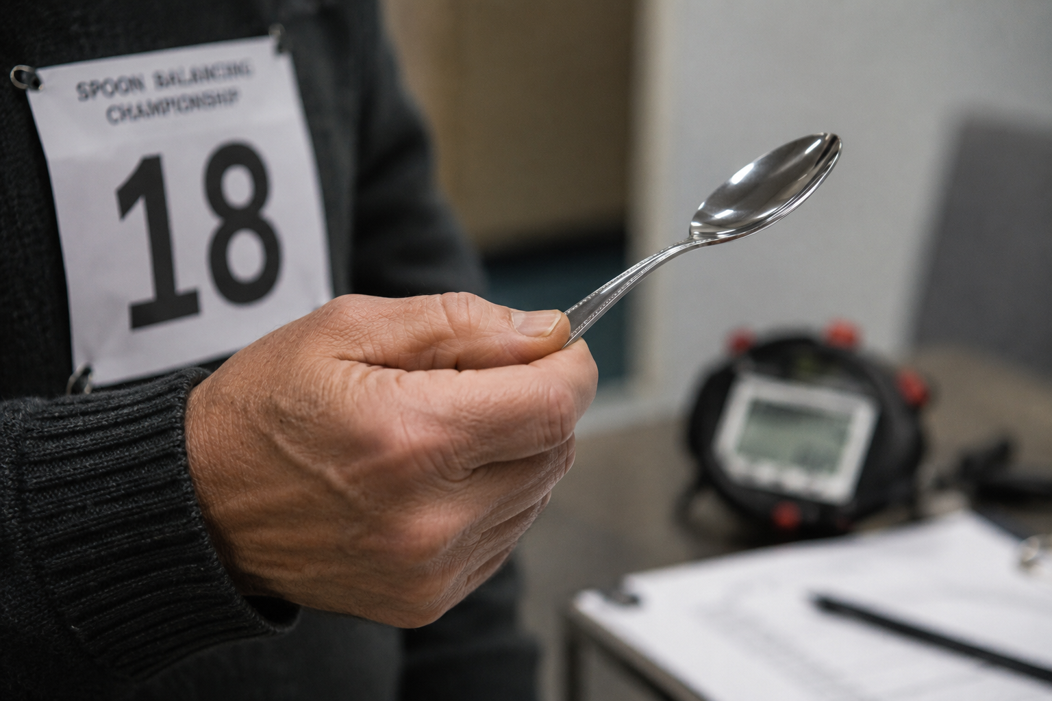 Close-up of a competitor's hand holding an ordinary metal spoon, with a stopwatch and scoresheet blurred in the background, competitor number 18 visible on a bib